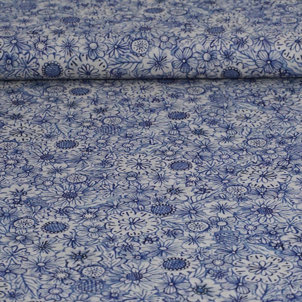 Dekostoff Mischgewebe blaues Blütenmeer Leinenoptik